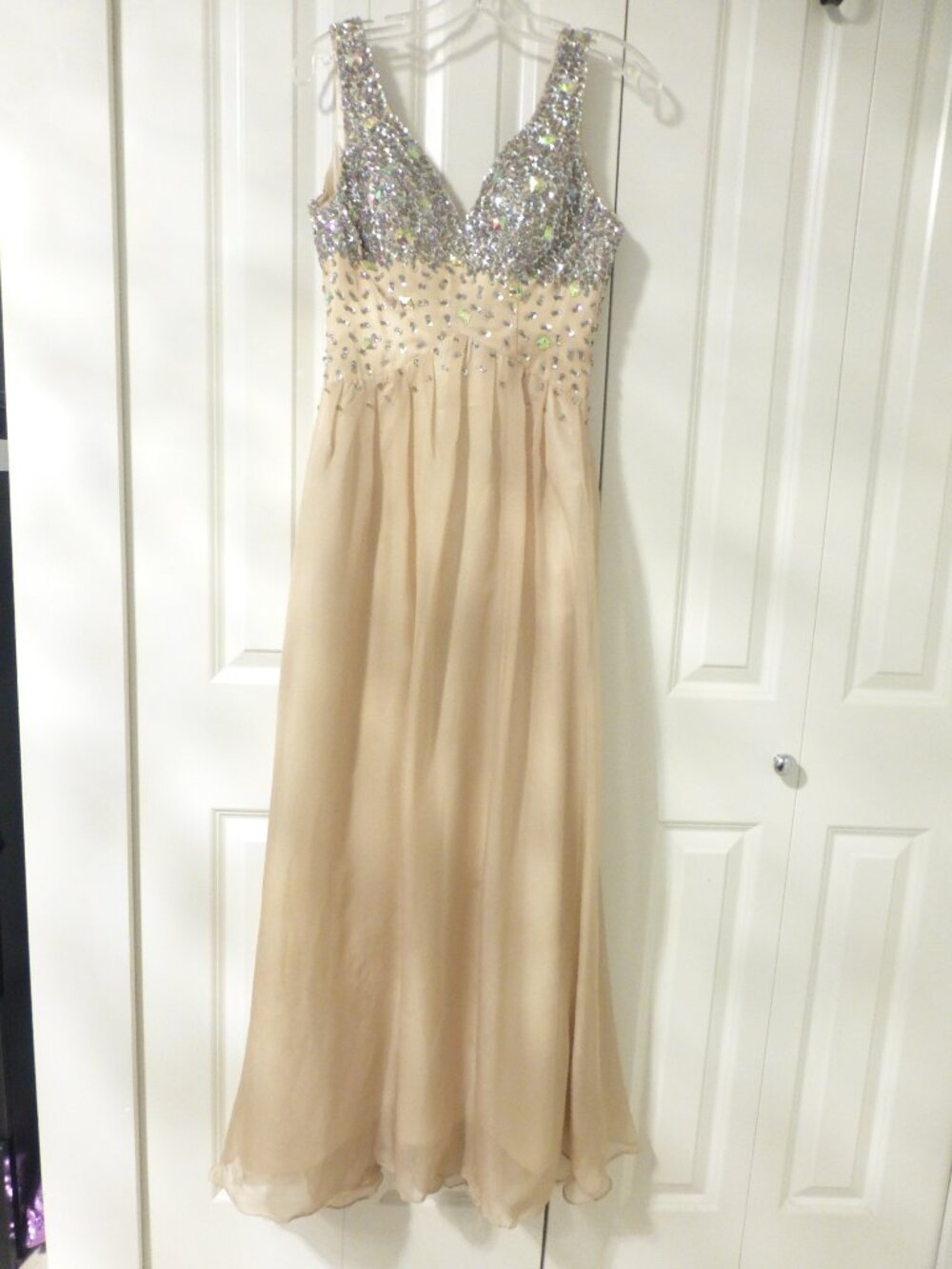 Champagne formal evening gown with rhinestones and sequins V-neck bodice